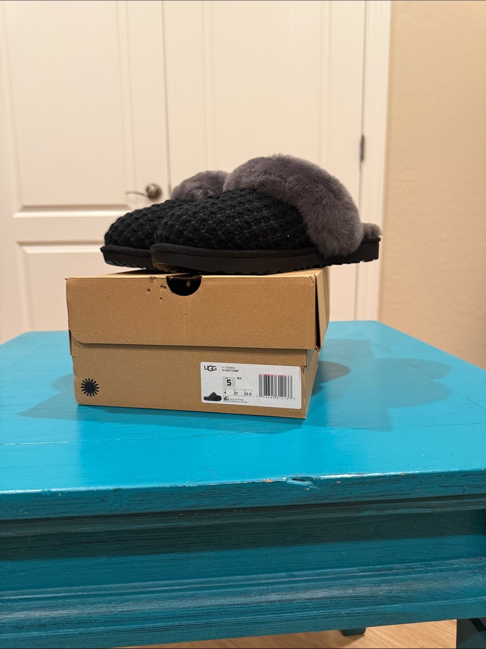 UGG Women’s  Black Knit Slippers with Gray Fur Collar